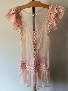 Double Zero Lace Crochet Pink Cotton Swiss Dot Peplum Top Boho Coquette Sheer
